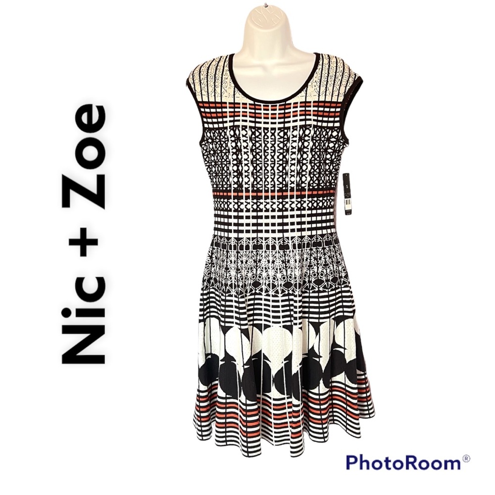 Nic + Zoe Bkack white orange sleeveless midi dress cotton blend zip back Small